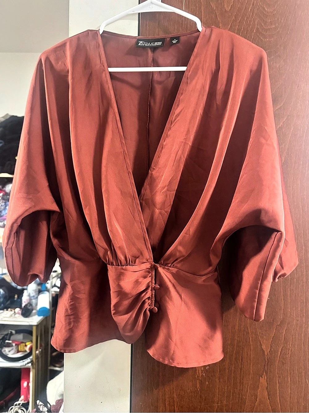 7th Avenue Design Studio by New York & Company Satin V-Neck Wrap Blouse
